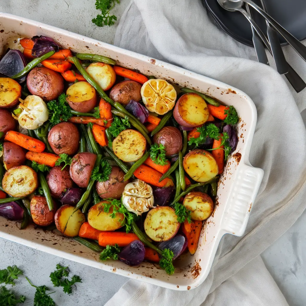 roasted garlic potatoes with veggies
